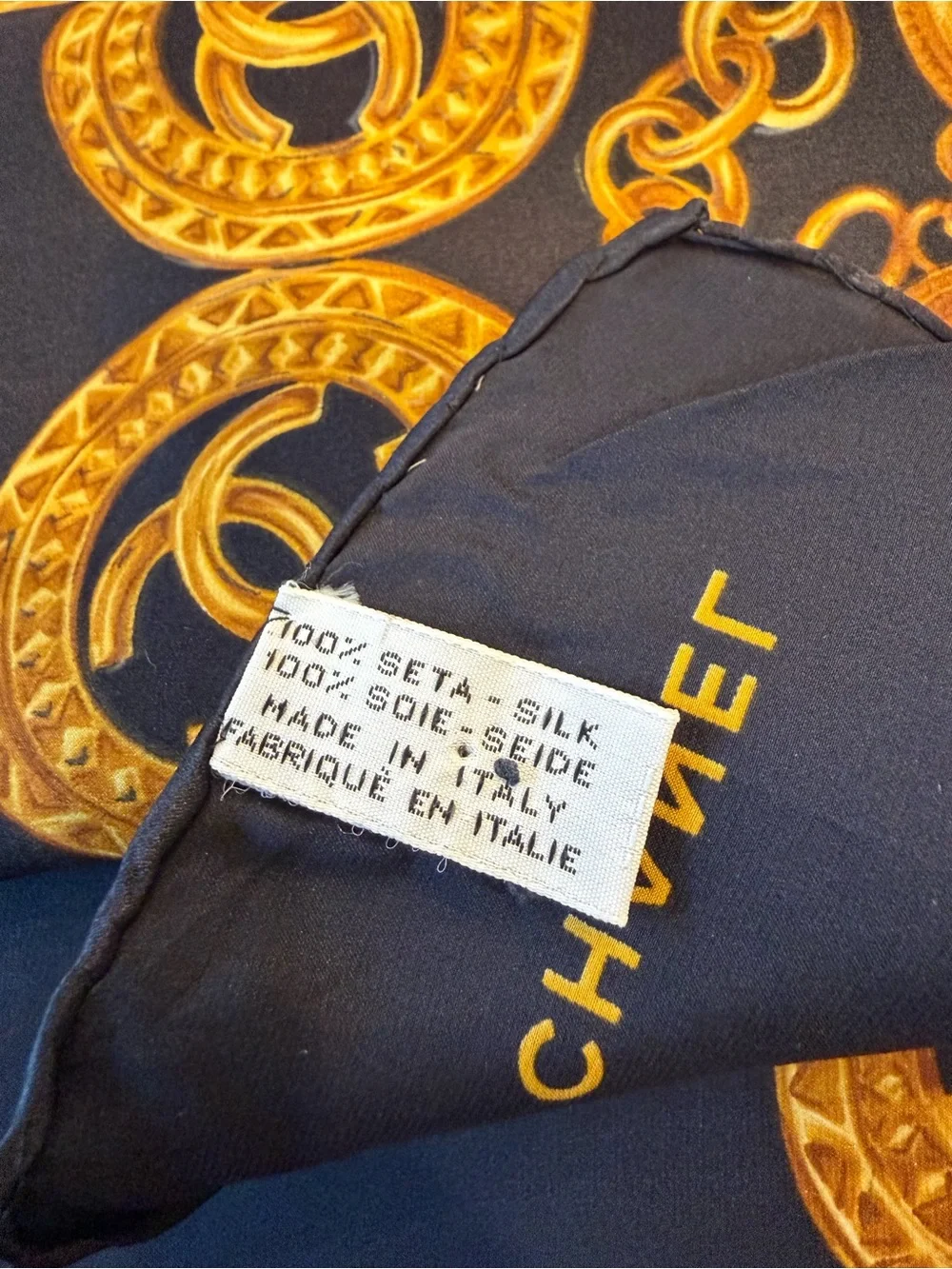 Chanel Navy & Gold Coin Print Silk Scarf